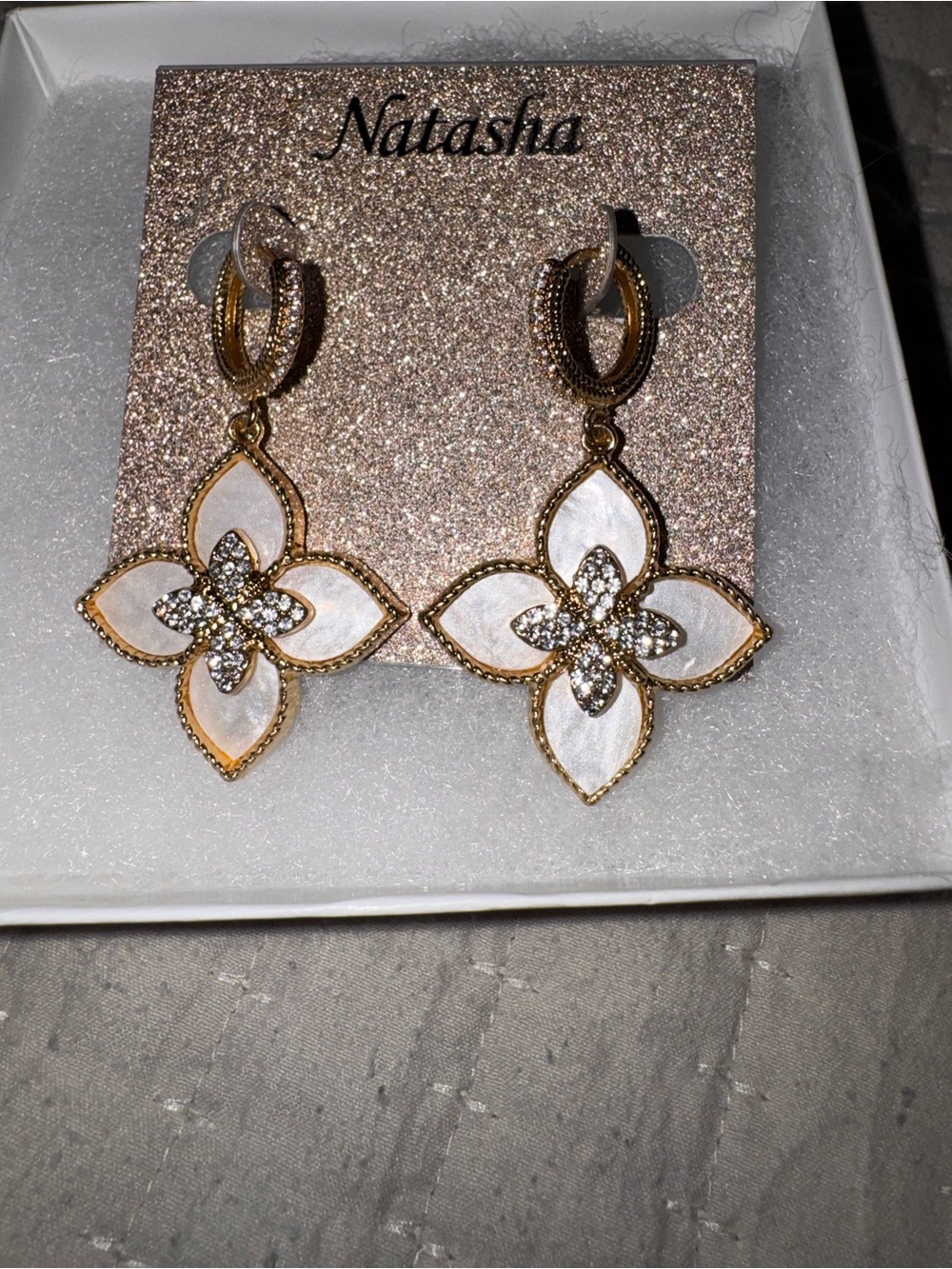 Natasha Couture Gold and White Floral Drop Earrings with Crystal Accents